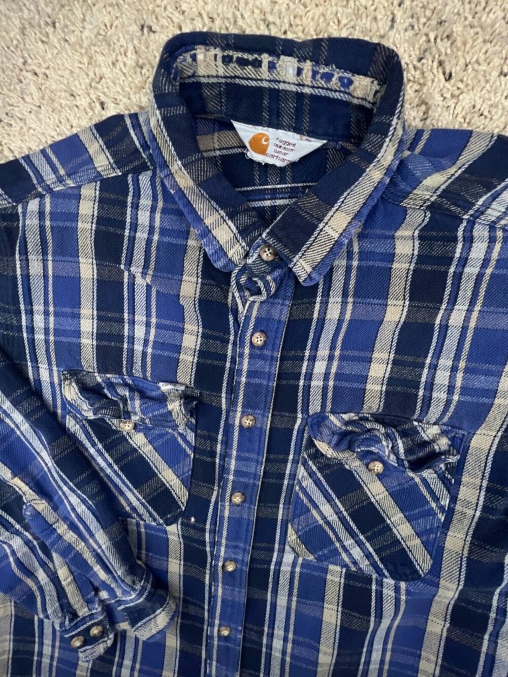 VTG Carhartt Shirt Mens Blue Beige Plaid Button Up Shirt Long Sleeve 80’s 90’s